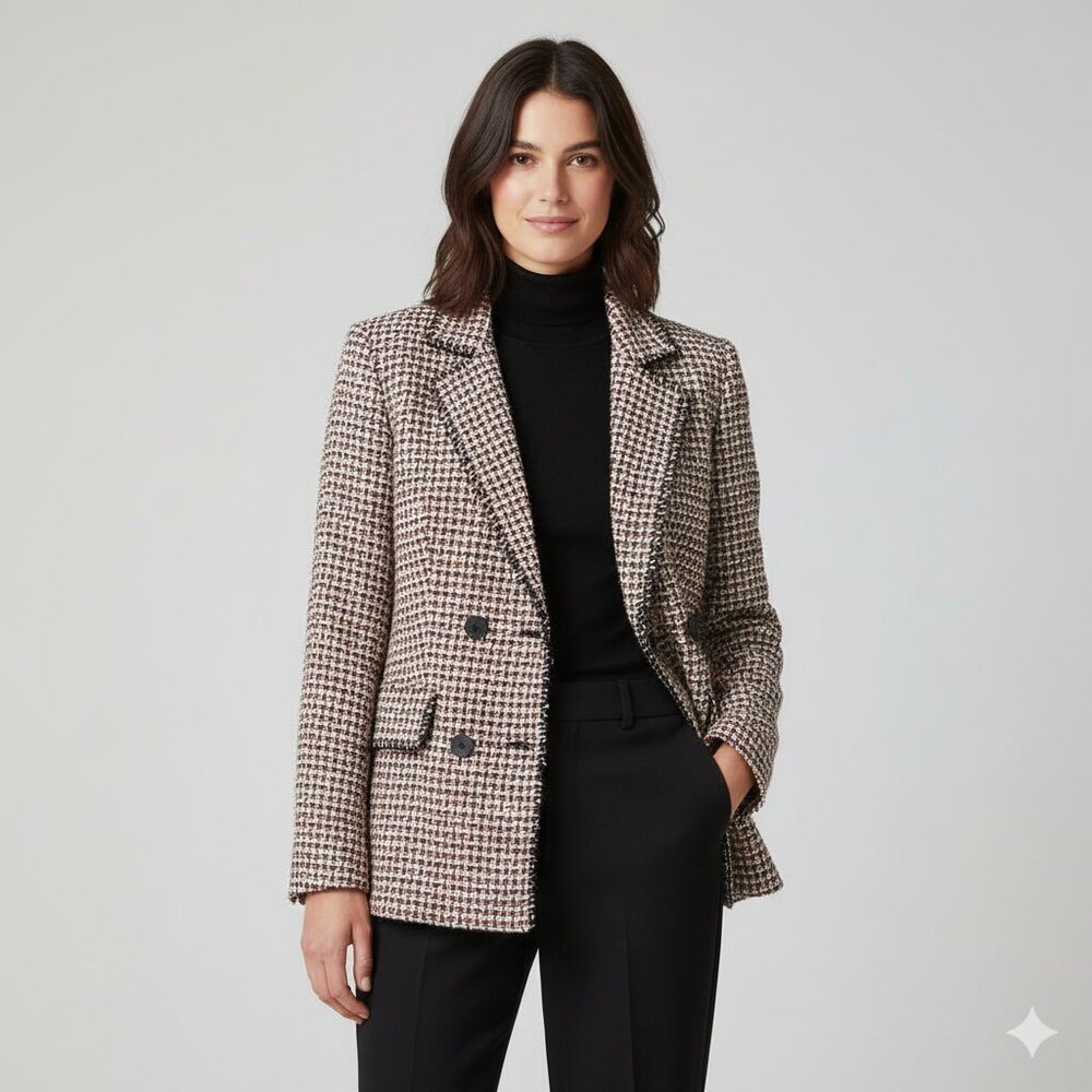 NEW AUTRES FILLES Double Breast Tweed Plaid Blazer Tan/Black/Orange Women L